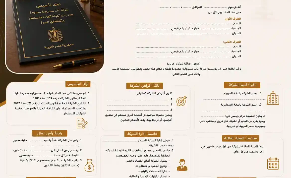 نموذج عقد تأسيس شركة ذات مسئولية محدودة هيئة الاستثمار