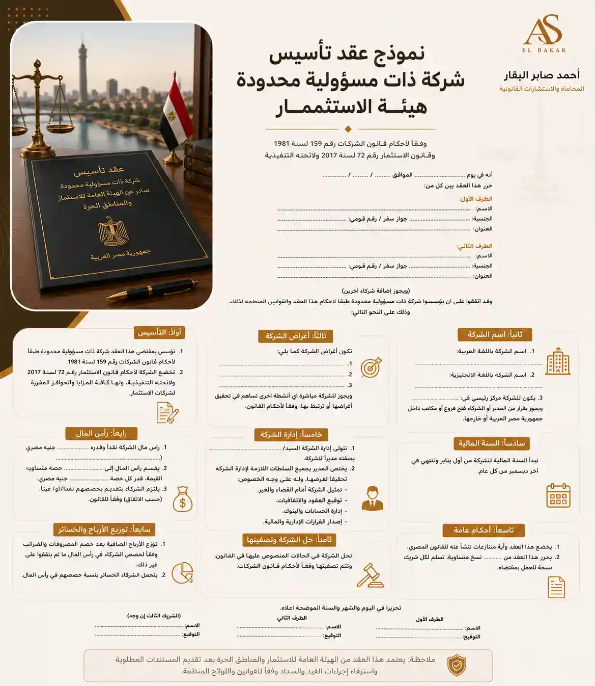 نموذج عقد تأسيس شركة ذات مسئولية محدودة هيئة الاستثمار